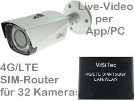 238.033 4G/LTE Mobilfunk-Überwachungskamera Set. Live-Video, Aufzeichnung, Zutrittsalarm, per Handy-App oder PC. SANTEC 4MP Outdoor Motor-Zoom-Kamera und SIM-Router für 32 Kameras. Ideal zur Video-Fernüberwachung ohne DSL-Anschluß